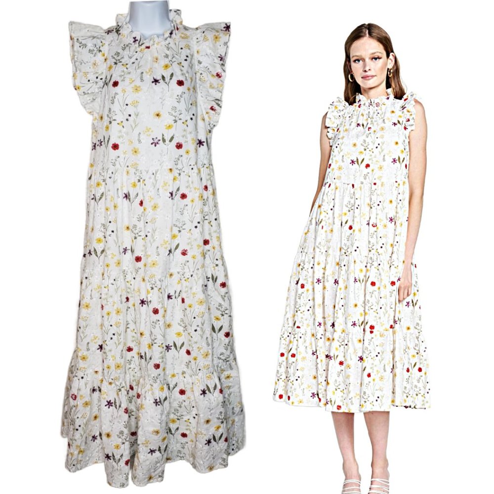 En Saison Women's Floral Tiered Embroidered Tent Dress Pockets Sz L, White (1179